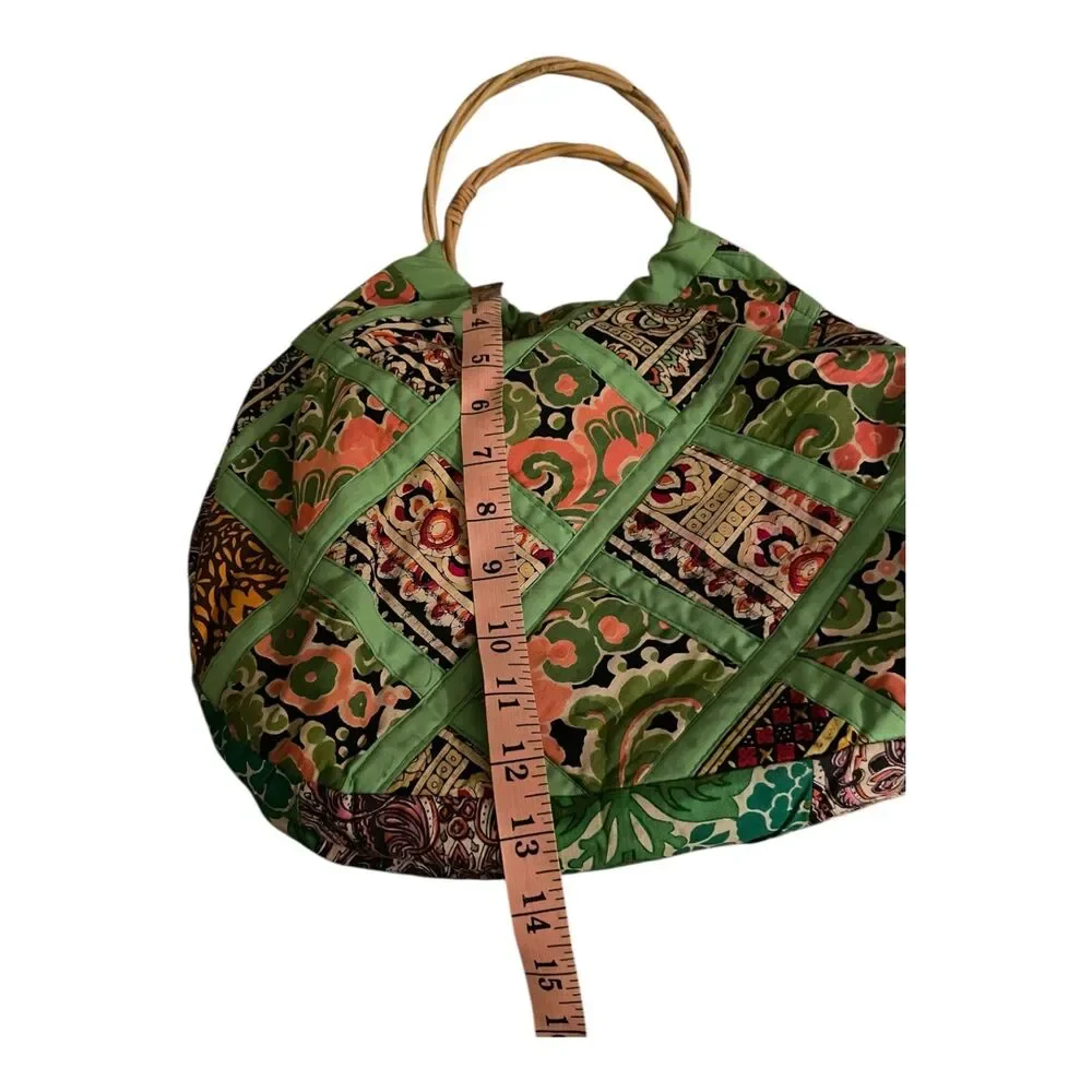 Vintage Handmade quilted patchwork hobo bag rattan handle water resistant lining